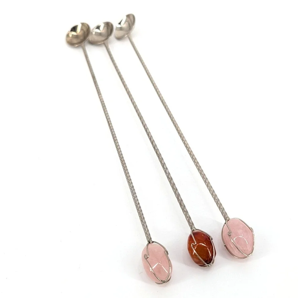 Unbranded Iced Tea Spoons Long Handle Rose Quartz Carnelian Stone Set of 3 11